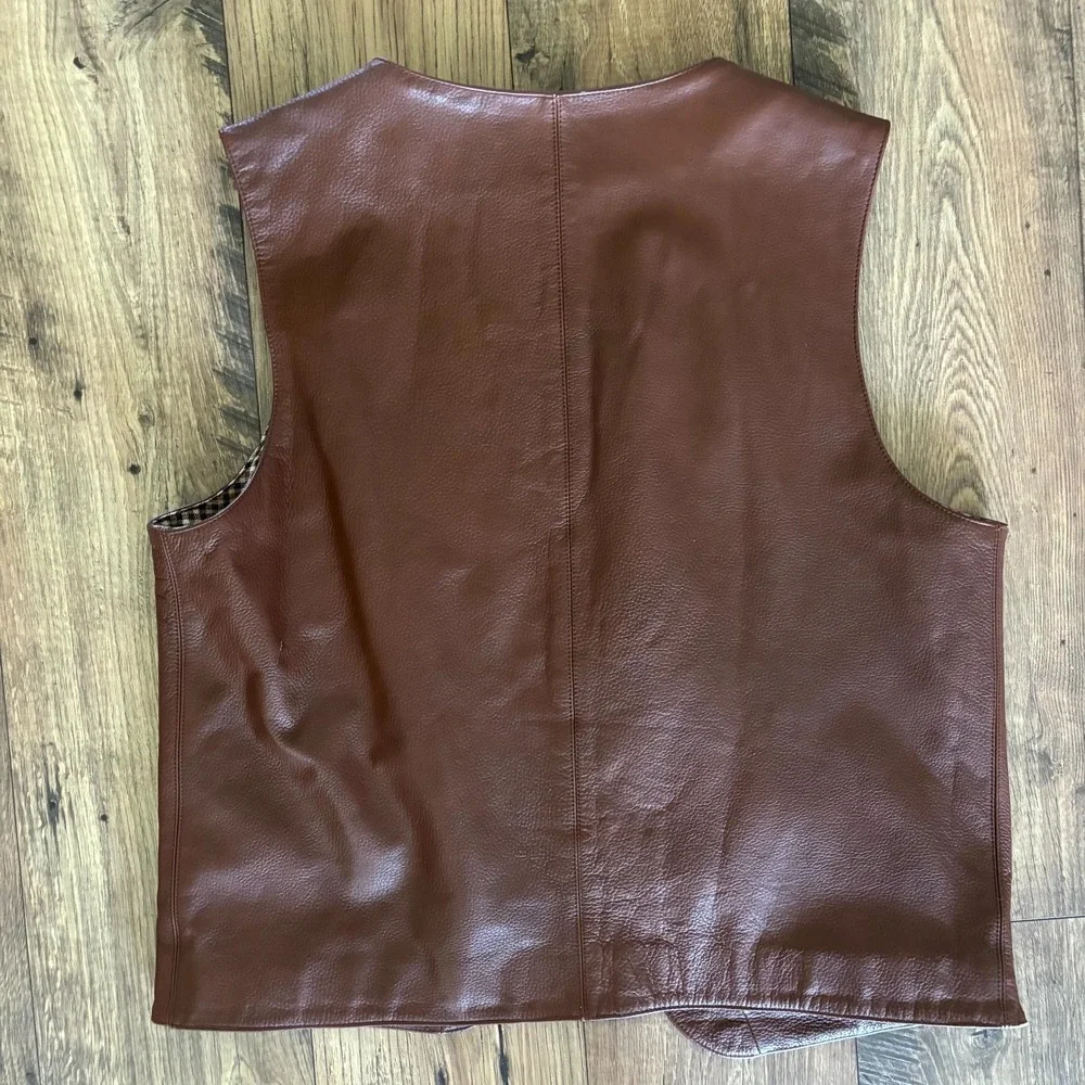 Vintage Orvis Leather Vest Men's Large Brown Plaid Lined Button Front Outdoor